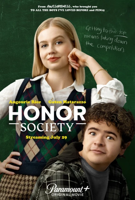 Movie poster for Honor Society featuring Angourie Rice and Gaten Matarazzo.  Two actors are in front of a green chalkboard background. 