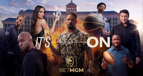 Promotional image features Jamie Foxx and other sports figures with BETMGM logo against a Las Vegas casino backdrop, emphasizing gaming.