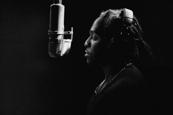 Monochrome portrait of a singer wearing headphones in a dark recording studio setting, standing next to a microphone, and singing.