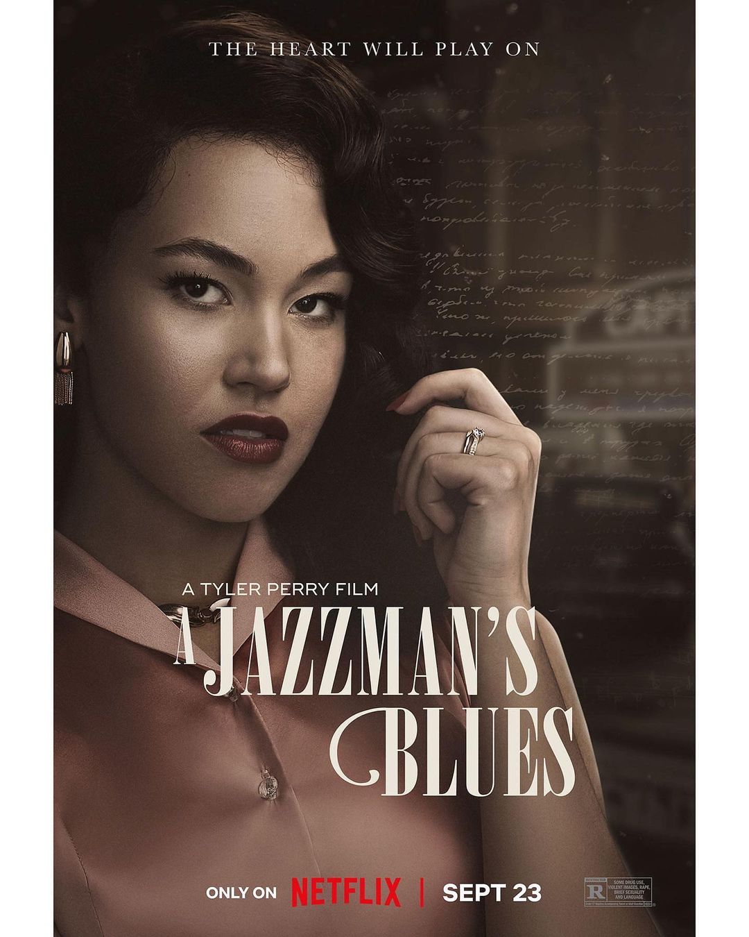 Movie poster for A Jazzman's Blues featuring a portrait of a young woman with dark wavy hair, wearing a pink top, and a ring on her finger.