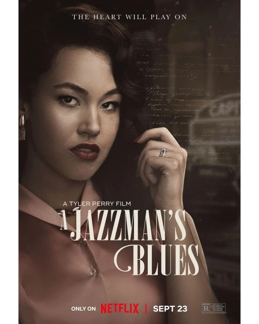 Movie poster for A Jazzman's Blues featuring a portrait of a young woman with dark wavy hair, wearing a pink top, and a ring on her finger.