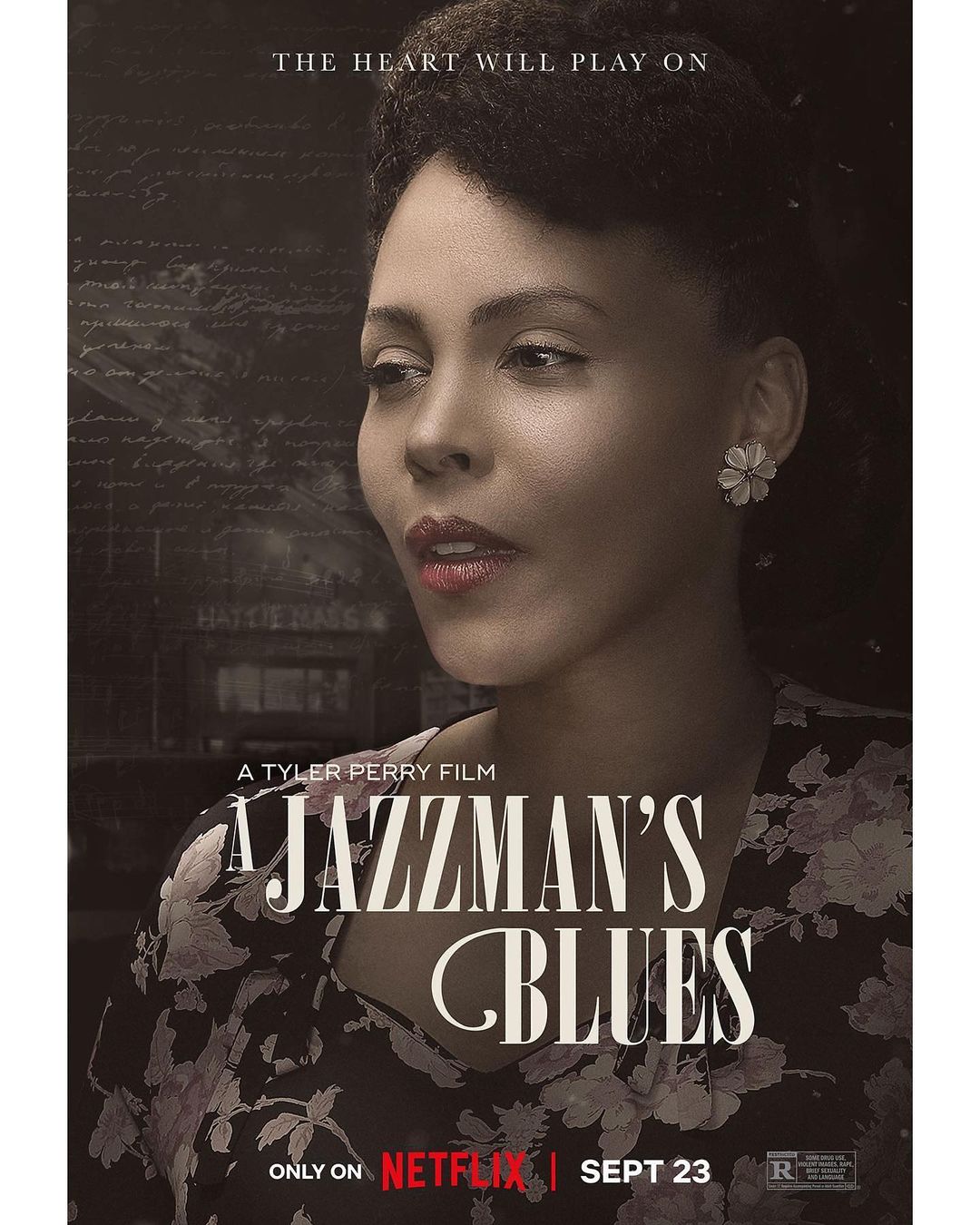 Close-up portrait of a Black woman with vintage hairstyle wearing a floral dress against a dark textured background with film title text