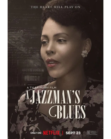 Close-up portrait of a Black woman with vintage hairstyle wearing a floral dress against a dark textured background with film title text
