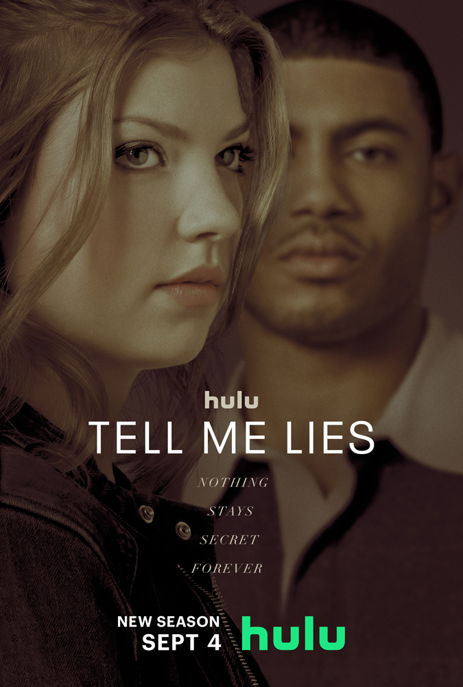 Promotional shot for 'Tell Me Lies' on Hulu, featuring a blonde woman and a dark-skinned man, with the show's title and the Hulu logo.
