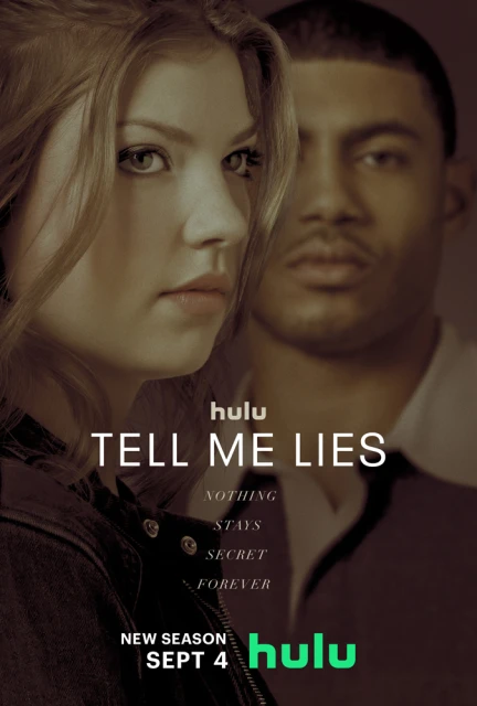 Promotional shot for 'Tell Me Lies' on Hulu, featuring a blonde woman and a dark-skinned man, with the show's title and the Hulu logo.