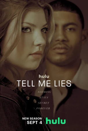 Promotional shot for 'Tell Me Lies' on Hulu, featuring a blonde woman and a dark-skinned man, with the show's title and the Hulu logo.