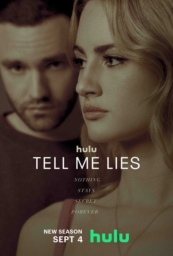 Promotional image for Hulu's "Tell Me Lies" featuring a fair-skinned adult male and female, close up, with the show's title text.