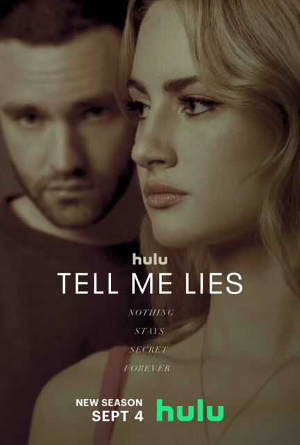 Promotional image for Hulu's "Tell Me Lies" featuring a fair-skinned adult male and female, close up, with the show's title text.
