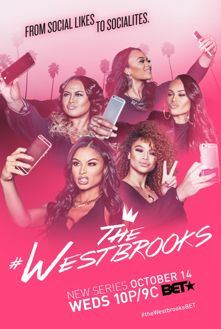Group of five adult women in a promotional poster for a new series on BET, holding smartphones and smiling, with palm tree silhouettes.