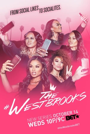 Group of five adult women in a promotional poster for a new series on BET, holding smartphones and smiling, with palm tree silhouettes.
