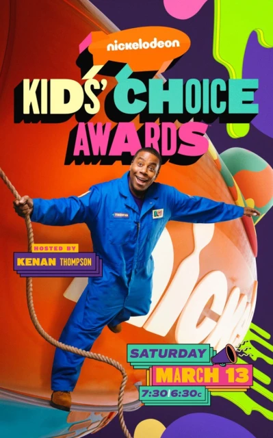 Promotional image for Nickelodeon Kids' Choice Awards featuring Kenan Thompson in blue jumpsuit, rope, and event information.