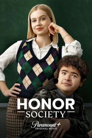 Movie poster for Honor Society, featuring two actors in school-themed attire against a green background with the movie title and logo.