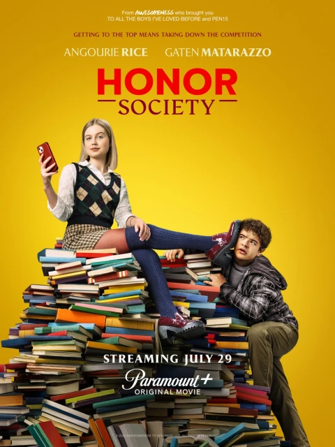 Movie poster for Honor Society features Angourie Rice and Gaten Matarazzo. The poster shows books and a bright yellow background.