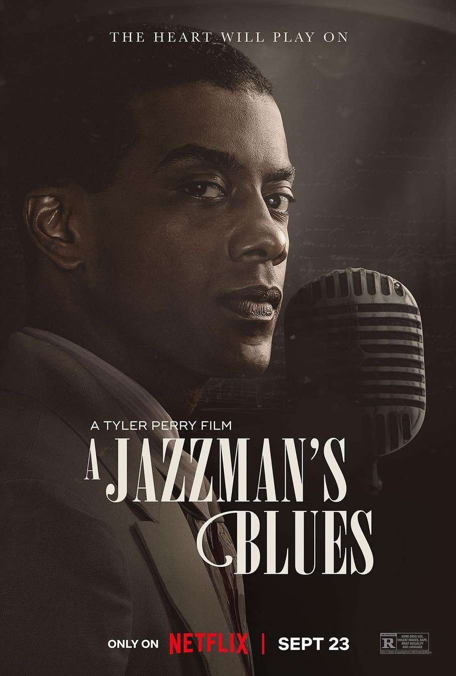 Movie poster for A Jazzman's Blues featuring a portrait of a Black adult male next to a vintage microphone on a dark background.