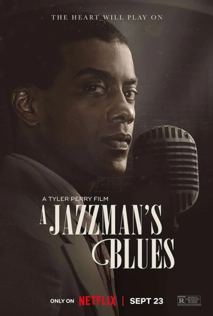 Movie poster for A Jazzman's Blues featuring a portrait of a Black adult male next to a vintage microphone on a dark background.
