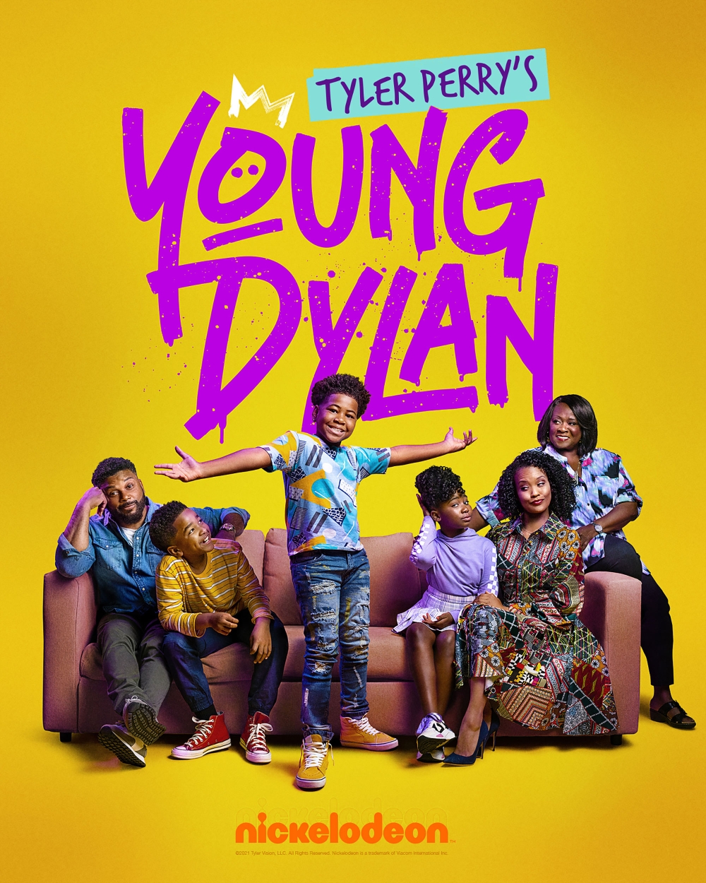 Promotional image featuring the cast of Tyler Perry's Young Dylan television show on a yellow backdrop with purple stylized title text.
