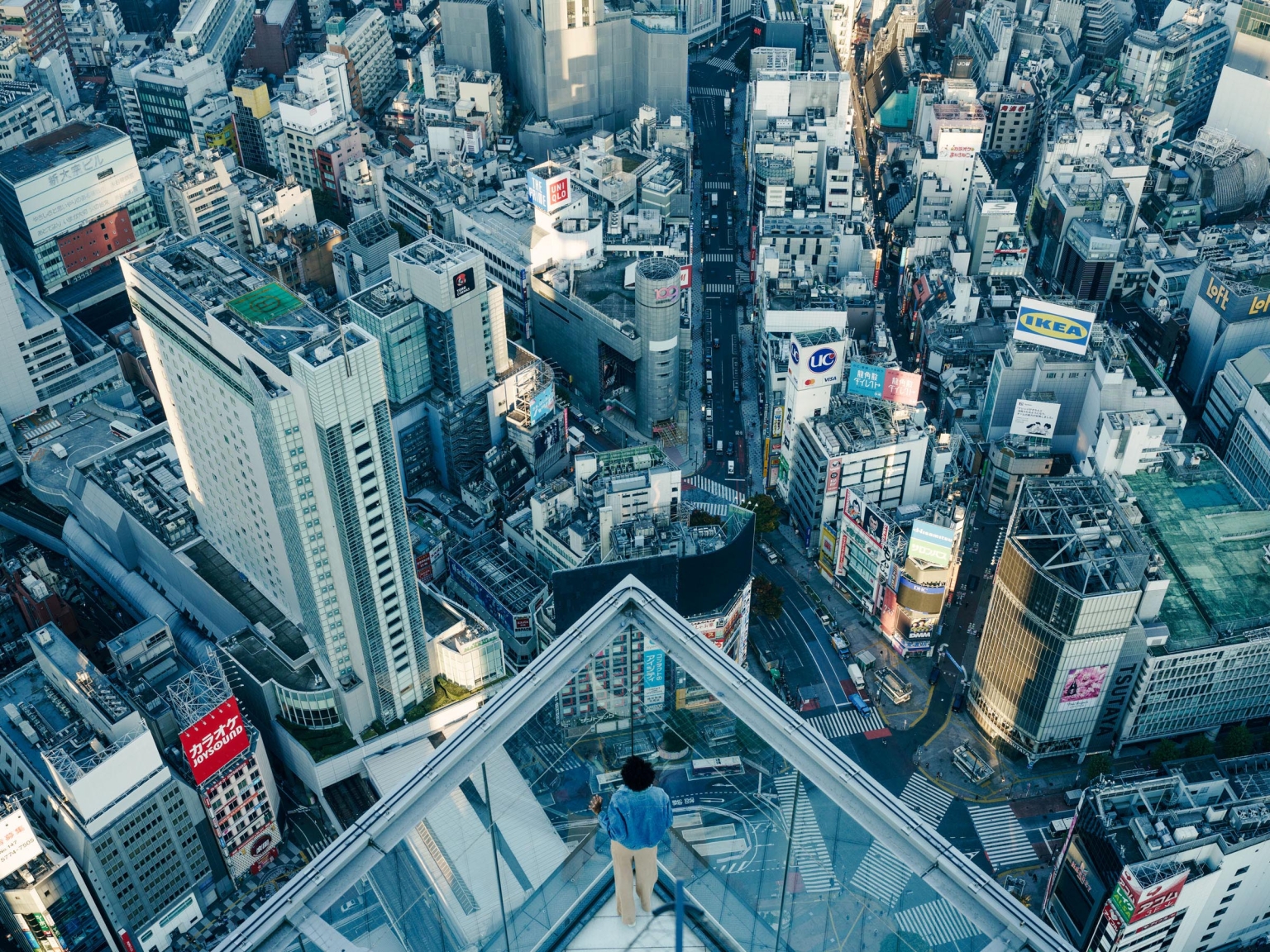 High-angle view of an adult standing on the edge of a building, overlooking a dense cityscape with high-rise buildings and streets.