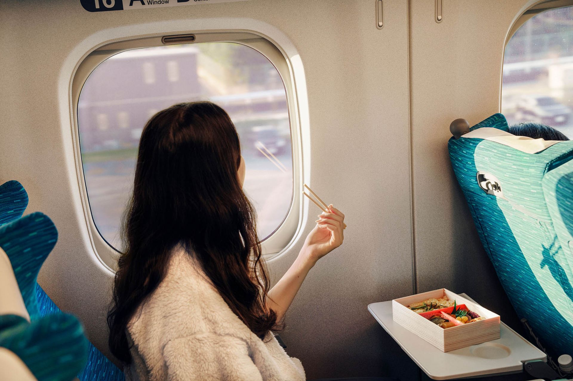 Brunette woman enjoys a bento box on a train, gazing out the window as scenery passes by, capturing a moment of travel and leisure.