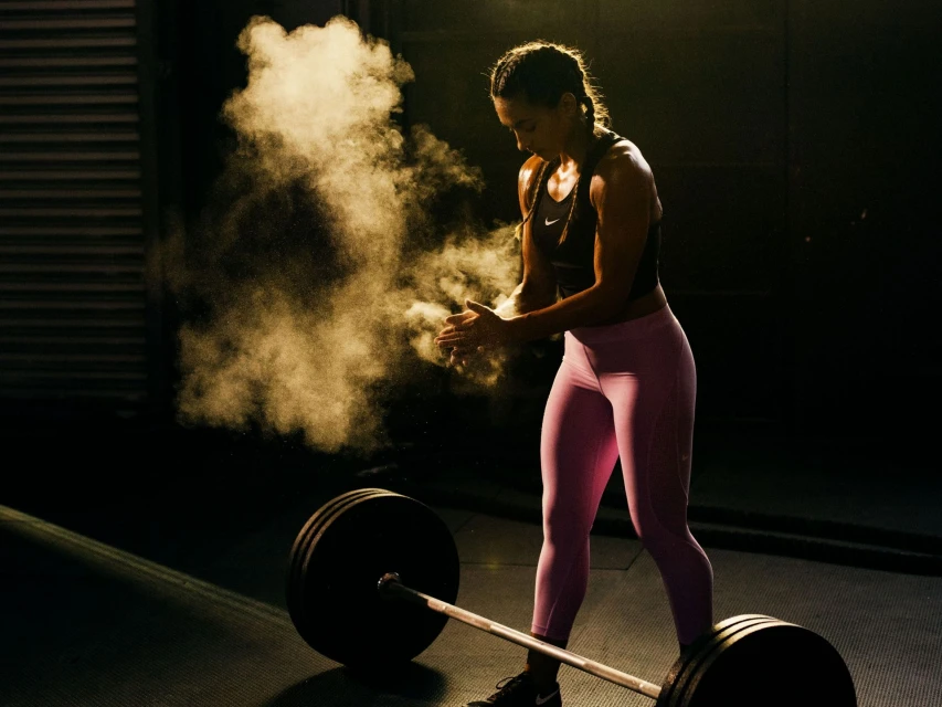 Female athlete prepares with chalk for weightlifting, lifting a barbell indoors in a dimly lit gym setting. Fitness and strength concept.