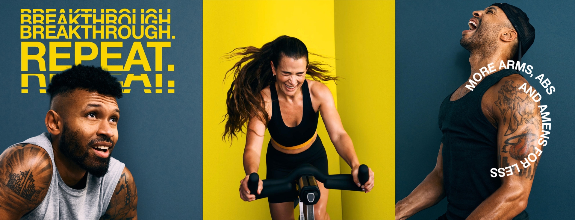 Woman cycling indoors, man working out, fitness concept image. Two athletic models with fitness apparel over a split color background.