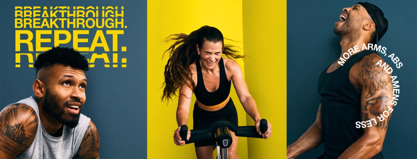 Woman cycling indoors, man working out, fitness concept image. Two athletic models with fitness apparel over a split color background.