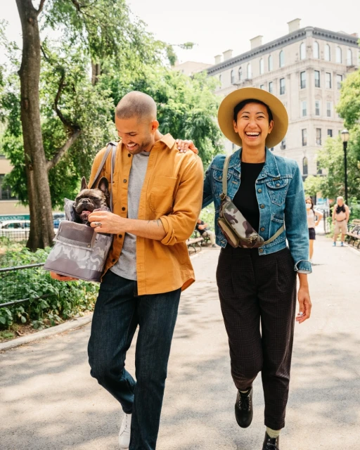 A young couple walks along a tree-lined path on a sunny day in a park, as the man carries a dog in a carrier bag.