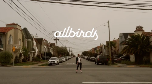 Wide shot of a man skateboarding on a street in a neighborhood of houses under an overcast sky, with the Allbirds logo at the top.