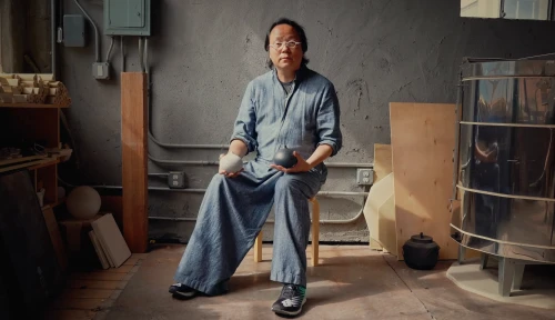 Asian man in a blue outfit sits in a studio holding a white sphere and a black sphere, with a kiln and shelves in the background.