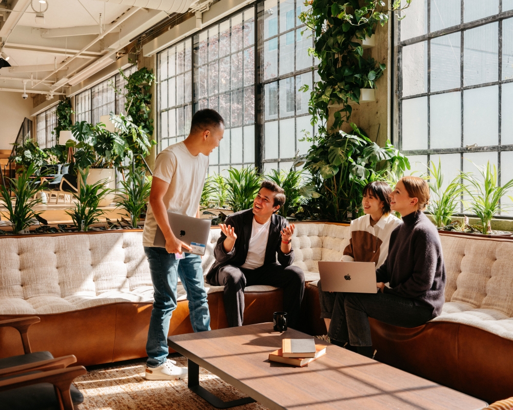 Group of casually dressed adults collaborate in sunlit office lounge with greenery. Team members use laptops, engaging in conversation.