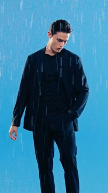 A fair-skinned adult male model in a black suit poses indoors against a blue background with a simulated rain effect overhead.