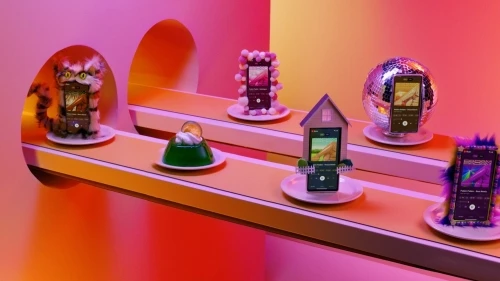 Whimsical still life of smartphones displayed on a yellow platform with colorful props, including a disco ball, a cat figurine, and Jell-O.