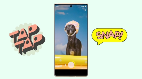 A digital rendering shows a mobile phone screen displaying a dog with a hat against a blue sky, alongside cartoon graphic elements.