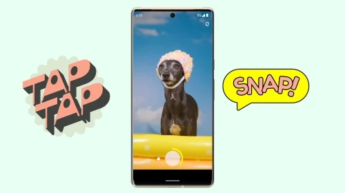 A digital rendering shows a mobile phone screen displaying a dog with a hat against a blue sky, alongside cartoon graphic elements.
