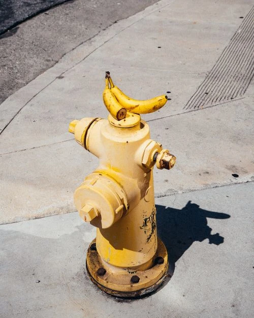 A bright yellow fire hydrant is topped with a bunch of bananas in an urban setting, next to a concrete sidewalk.