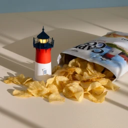 A small model lighthouse next to an open bag of potato chips spilling onto a beige surface