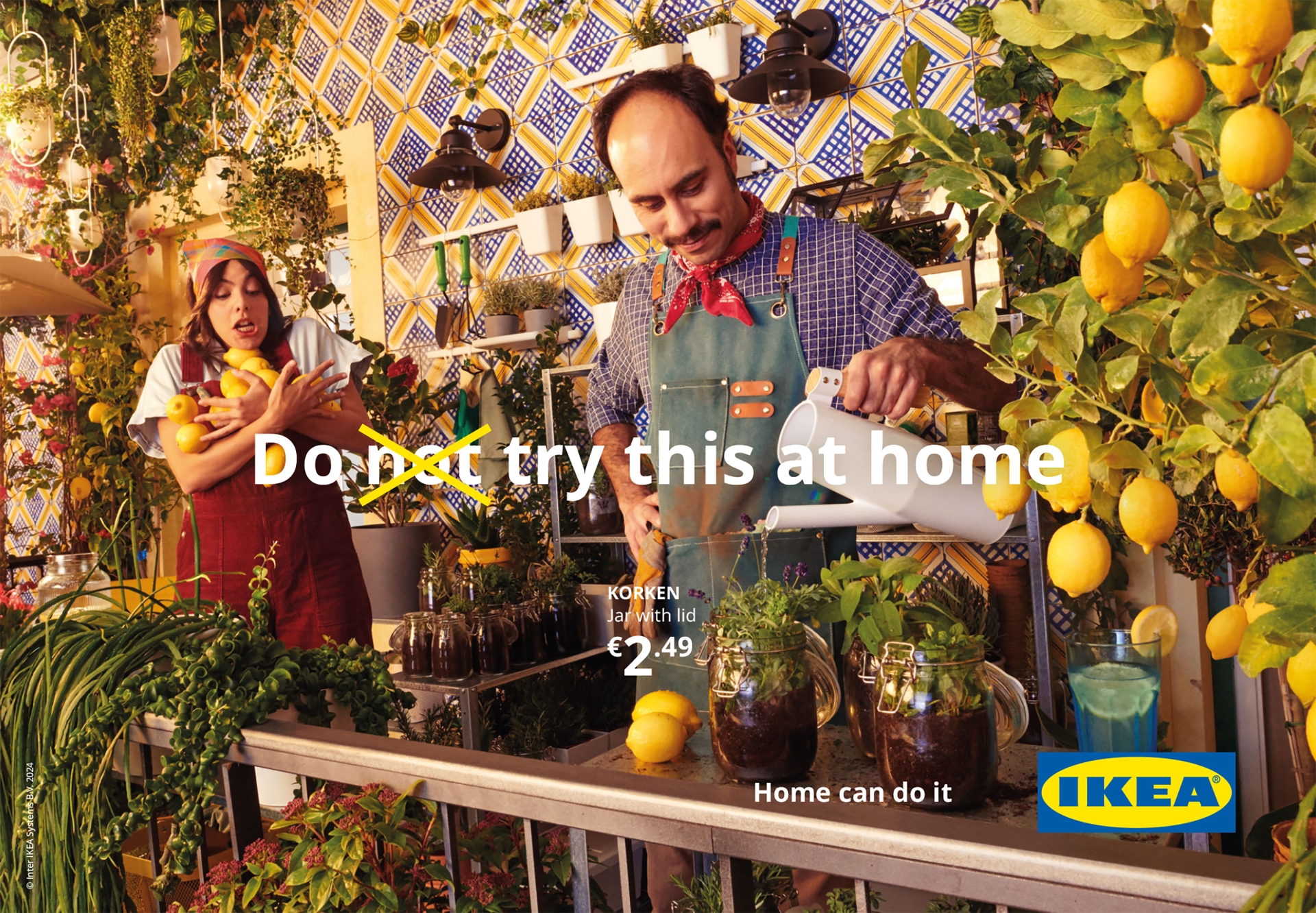 IKEA ad featuring a man watering a plant in a jar while a woman holds lemons surrounded by plants and gardening supplies indoors.