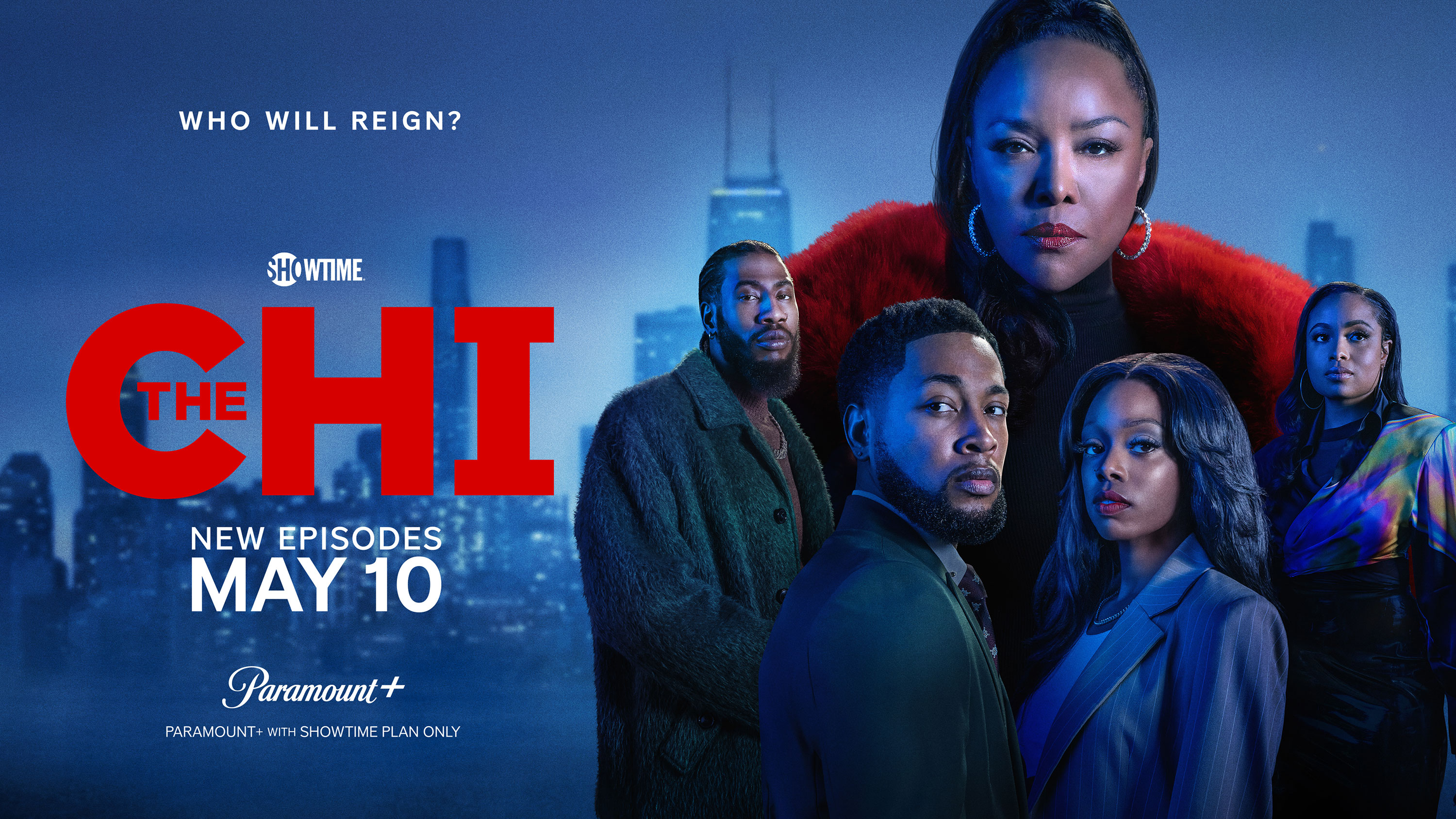 Promotional image for 'The Chi' series features cast members against a blurred cityscape with the show's title and Paramount+ logo.