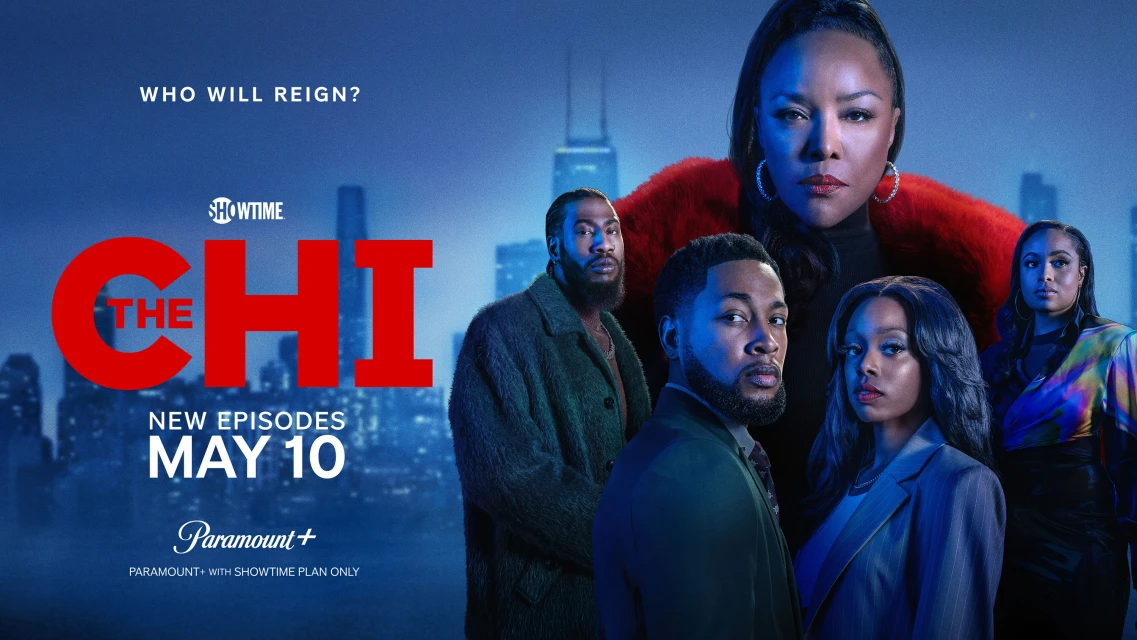 Promotional image for 'The Chi' series features cast members against a blurred cityscape with the show's title and Paramount+ logo.