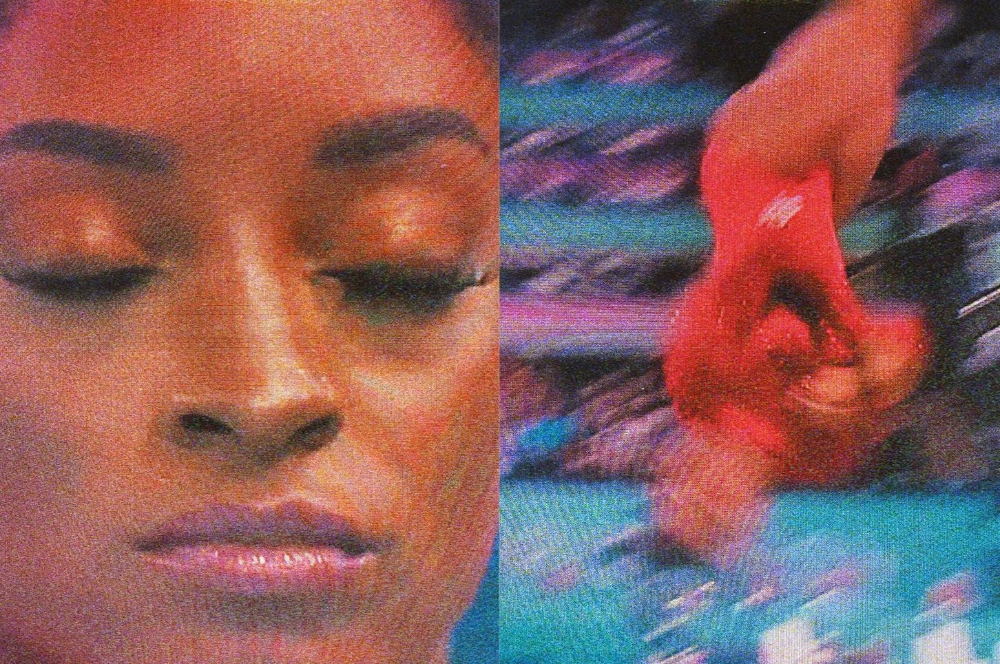 Split screen close-up of Simone Biles with eyes closed next to out-of-focus action shot of gymnast in red leotard.