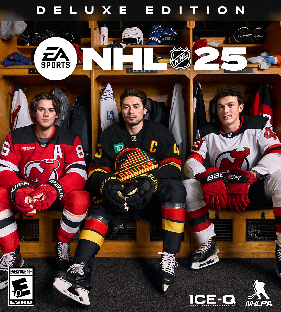 NHL 25 Deluxe Edition video game cover featuring three hockey players in locker room with team jerseys, gear, and game logo.