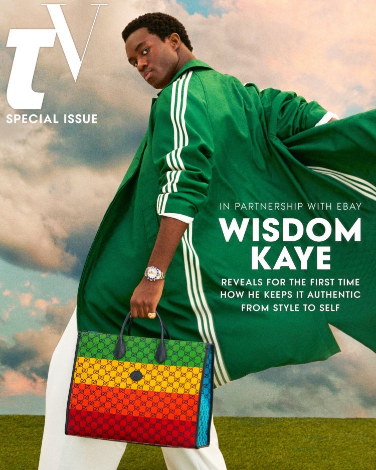 Magazine cover featuring a man in a green jacket and white pants holding a Gucci tote bag on a grass field with a cloudy sky.