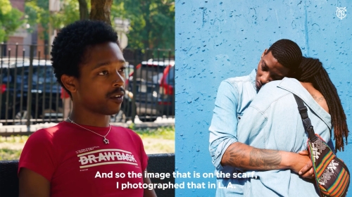 Split screen of a seated man in a red shirt and two people embracing against a blue wall, showing an image in progress.