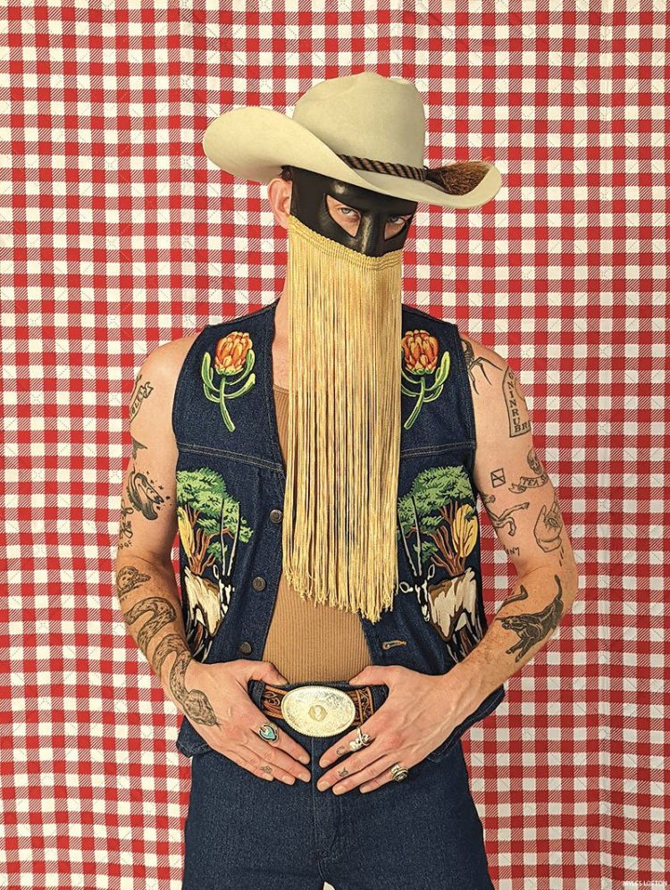 Person wearing cowboy hat, black mask with fringe, and embroidered denim vest against a red and white checkered backdrop.