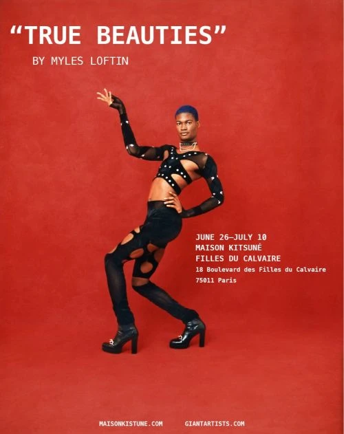 A Black male model poses in a cut-out black outfit with blue hair against a red backdrop for a fashion advertisement poster.