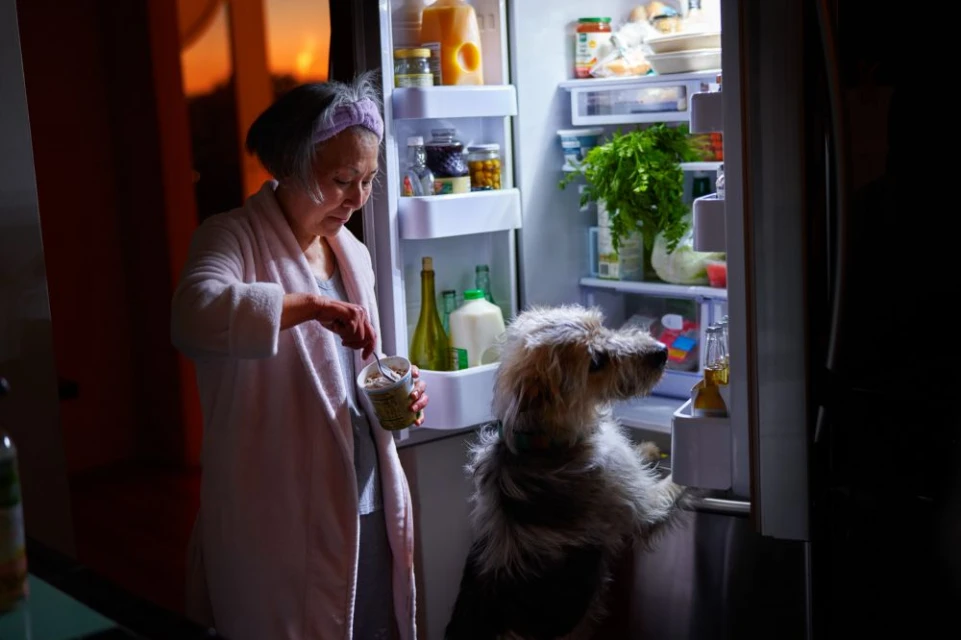 Mature woman in robe eats from a container in front of the open fridge, while her dog looks on hopefully in an indoor setting.
