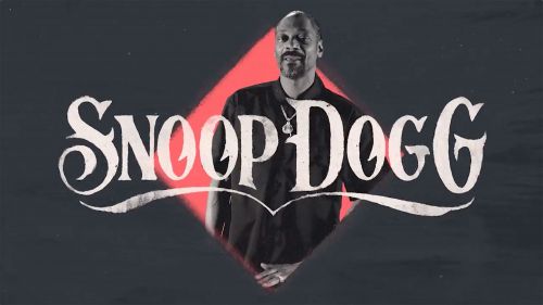 Portrait of adult male celebrity Snoop Dogg in dark shirt with text and red diamond shape on dark background.
