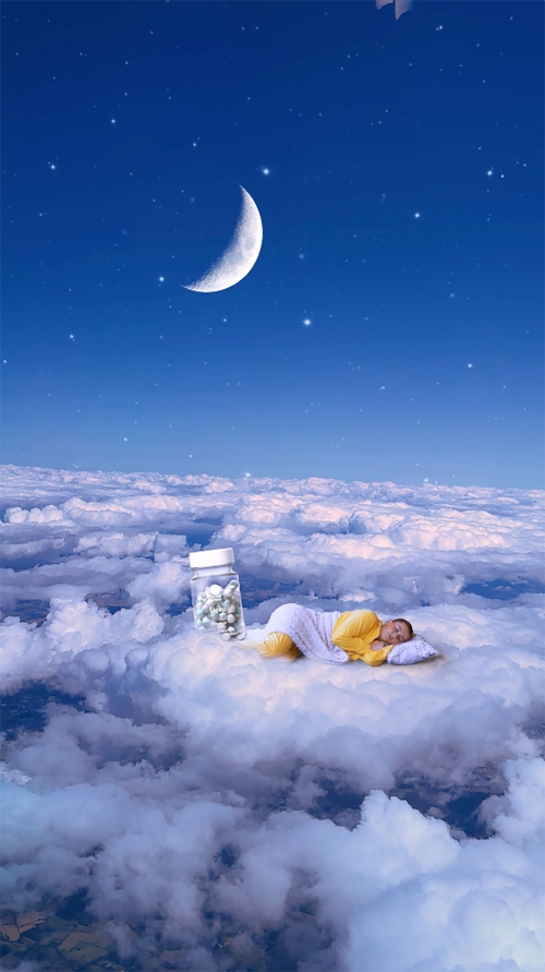 Dreamy image of a woman sleeping on a cloud beneath a crescent moon and stars, with a pill bottle nearby, creating a surreal scene.
