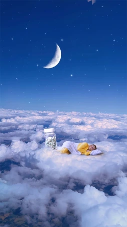 Dreamy image of a woman sleeping on a cloud beneath a crescent moon and stars, with a pill bottle nearby, creating a surreal scene.