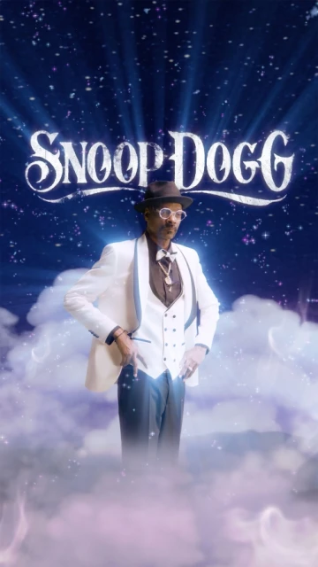 Snoop Dogg stands on a cloud wearing a white suit, fedora, and glasses, posing in front of a star-filled background with glowing lights.
