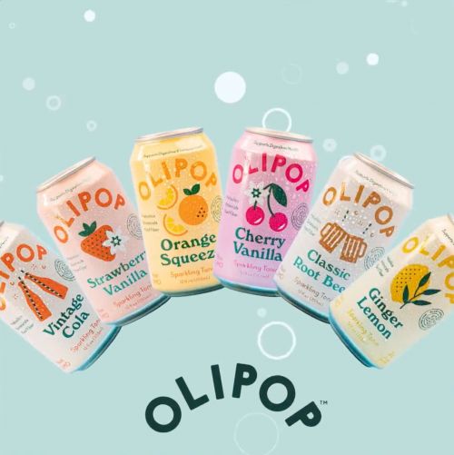 Assorted Olipop cans featuring vintage cola, strawberry vanilla, orange squeeze, cherry vanilla, classic root beer, and ginger lemon.